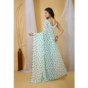 Women's Georgette Printed Saree With Unstitched Blouse 5.5Mtr (White-Green) - Image 4