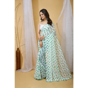 Women's Georgette Printed Saree With Unstitched Blouse 5.5Mtr (White-Green) - Image 3