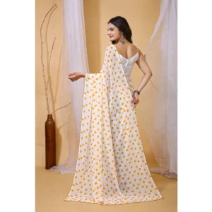 Women's Georgette Printed Saree With Unstitched Blouse 5.5Mtr (White-Yellow) - Image 4