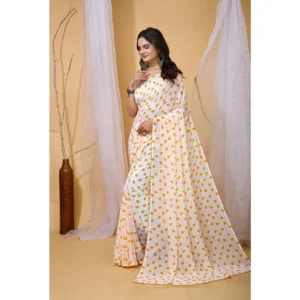 Women's Georgette Printed Saree With Unstitched Blouse 5.5Mtr (White-Yellow) - Image 3