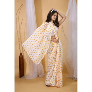 Women's Georgette Printed Saree With Unstitched Blouse 5.5Mtr (White-Yellow) - Image 2