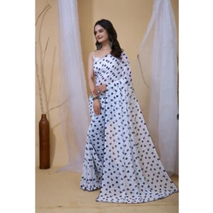 Women's Georgette Printed Saree With Unstitched Blouse 5.5Mtr (White-Blue) - Image 4