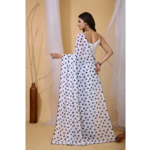 Women's Georgette Printed Saree With Unstitched Blouse 5.5Mtr (White-Blue) - Image 3