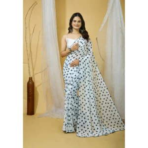 Women's Georgette Printed Saree With Unstitched Blouse 5.5Mtr (White) - Image 4