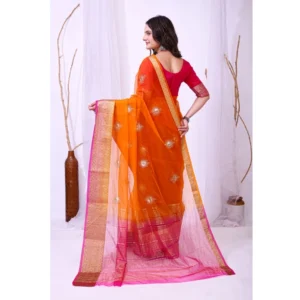 Women's Organza jacquard Embellished Saree With Unstitched Blouse 5.5Mtr (Orange) - Image 4