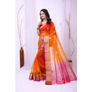 Women's Organza jacquard Embellished Saree With Unstitched Blouse 5.5Mtr (Orange) - Image 3