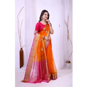 Women's Organza jacquard Embellished Saree With Unstitched Blouse 5.5Mtr (Orange) - Image 2