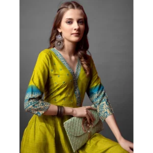 Generic Women's Cotton Blend Printed Anarkali Gown (Green) - Image 3