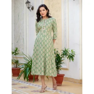 Women's Rayon  Print With Embroidery Work A-Line Kurti (Green) - Image 5