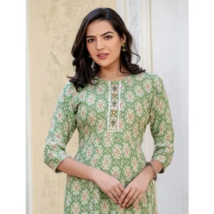 Women's Rayon  Print With Embroidery Work A-Line Kurti (Green) - Image 3