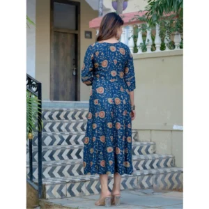 Women's Rayon Print With Embroidery Work A-Line Kurti (Navy Blue) - Image 4