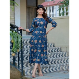 Women's Rayon Print With Embroidery Work A-Line Kurti (Navy Blue) - Image 3