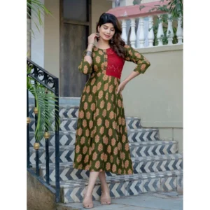 Women's Rayon Print With Embroidery Work A-Line Kurti (Dark Green) - Image 3