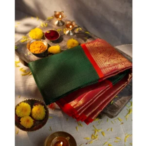 Women's Soft Litchi Silk Jacquard Work Saree With Unstitched Blouse 5.5Mtr (Green) - Image 3
