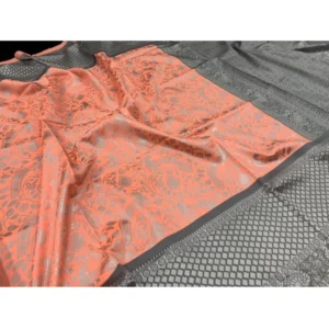 Women's Soft Litchi Silk Jacquard Work Saree With Unstitched Blouse 5.5Mtr (Orange) - Image 2
