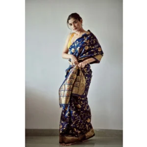 Women's Soft Litchi Silk Jacquard Work Saree With Unstitched Blouse 5.5Mtr (Blue) - Image 4