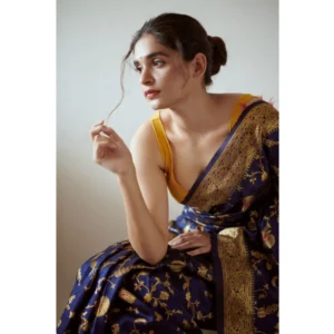 Women's Soft Litchi Silk Jacquard Work Saree With Unstitched Blouse 5.5Mtr (Blue) - Image 3