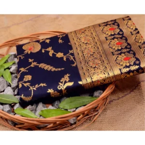 Women's Soft Litchi Silk Jacquard Work Saree With Unstitched Blouse 5.5Mtr (Blue) - Image 2