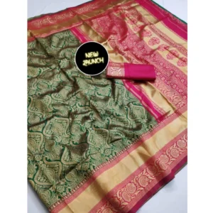 Women's  Soft Litchi Silk Jacquard Work Saree With Unstitched Blouse 5.5Mtr (Green) - Image 4