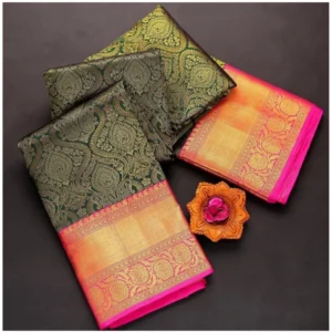 Women's  Soft Litchi Silk Jacquard Work Saree With Unstitched Blouse 5.5Mtr (Green) - Image 3