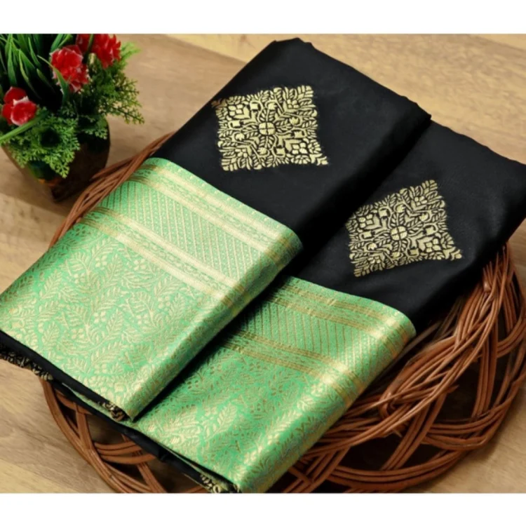 Women's Soft Litchi Silk Jacquard Work Saree With Unstitched Blouse 5.5Mtr (Black)