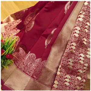 Women's Soft Litchi Silk Jacquard Work Saree With Unstitched Blouse 5.5Mtr (Maroon) - Image 4