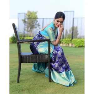 Women's Soft Litchi Silk Jacquard Work Saree With Unstitched Blouse 5.5Mtr (Blue) - Image 4