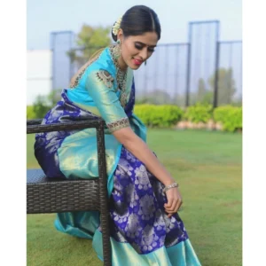 Women's Soft Litchi Silk Jacquard Work Saree With Unstitched Blouse 5.5Mtr (Blue) - Image 3