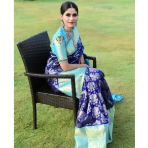 Women's Soft Litchi Silk Jacquard Work Saree With Unstitched Blouse 5.5Mtr (Blue) - Image 2