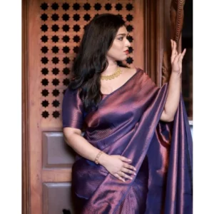 Women's Soft Litchi Silk Jacquard Work Saree With Unstitched Blouse 5.5Mtr (Purple) - Image 3