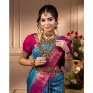 Women's Soft Litchi Silk Jacquard Work Saree With Unstitched Blouse 5.5Mtr (Dark Blue) - Image 2