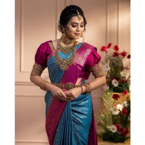 Women's Soft Litchi Silk Jacquard Work Saree With Unstitched Blouse 5.5Mtr (Dark Blue) - Image 3