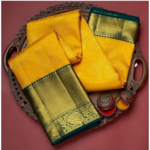 Women's Soft Litchi Silk Jacquard Work Saree With Unstitched Blouse 5.5Mtr (Yellow) - Image 3