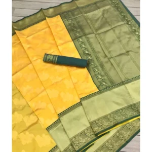 Women's Soft Litchi Silk Jacquard Work Saree With Unstitched Blouse 5.5Mtr (Yellow) - Image 4