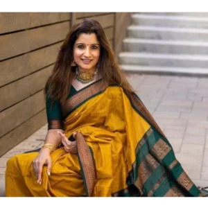 Women's Soft Litchi Silk Jacquard Work Saree With Unstitched Blouse 5.5Mtr (Yellow) - Image 2