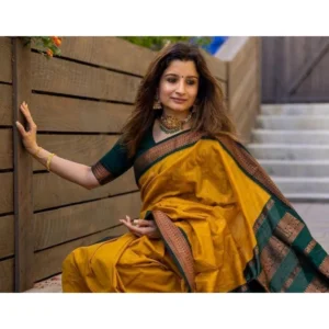Women's Soft Litchi Silk Jacquard Work Saree With Unstitched Blouse 5.5Mtr (Yellow) - Image 3