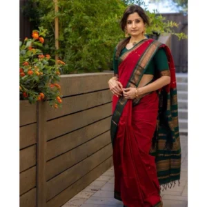 Women's Soft Litchi Silk Jacquard Work Saree With Unstitched Blouse 5.5Mtr (Red) - Image 4