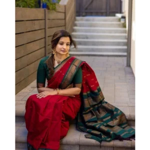Women's Soft Litchi Silk Jacquard Work Saree With Unstitched Blouse 5.5Mtr (Red) - Image 2