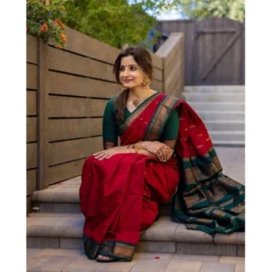 Women's Soft Litchi Silk Jacquard Work Saree With Unstitched Blouse 5.5Mtr (Red) - Image 3