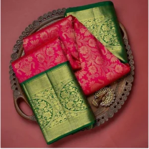 Women's Soft Litchi Silk Jacquard Work Saree With Unstitched Blouse 5.5Mtr (Red) - Image 2