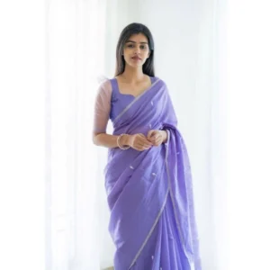 Women's Soft Litchi Silk Jacquard Work Saree With Unstitched Blouse 5.5Mtr (Purple) - Image 2