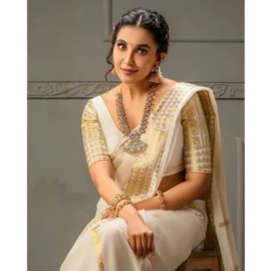 Women's Soft Litchi Silk Jacquard Work Saree With Unstitched Blouse 5.5Mtr (White) - Image 4