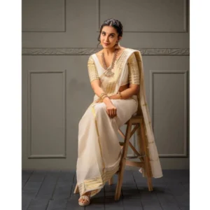 Women's Soft Litchi Silk Jacquard Work Saree With Unstitched Blouse 5.5Mtr (White) - Image 2