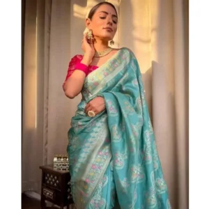 Women's Soft Litchi Silk Jacquard Work Saree With Unstitched Blouse 5.5Mtr (Sky Blue) - Image 2