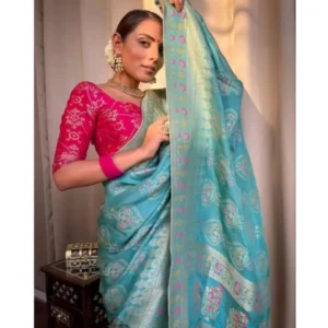 Women's Soft Litchi Silk Jacquard Work Saree With Unstitched Blouse 5.5Mtr (Sky Blue) - Image 3