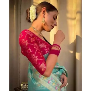 Women's Soft Litchi Silk Jacquard Work Saree With Unstitched Blouse 5.5Mtr (Sky Blue) - Image 4