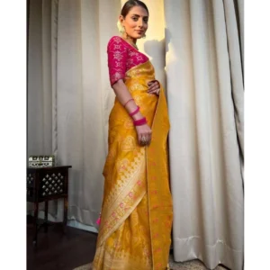 Women's Soft Litchi Silk Jacquard Work Saree With Unstitched Blouse 5.5Mtr (Mustard Yellow) - Image 2