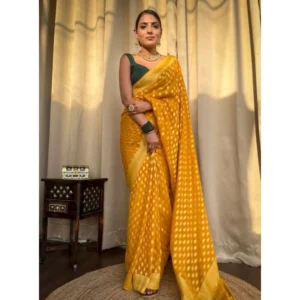 Women's Soft Litchi Silk Jacquard Work Saree With Unstitched Blouse 5.5Mtr (Yellow) - Image 2