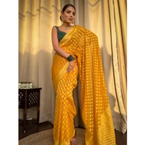 Women's Soft Litchi Silk Jacquard Work Saree With Unstitched Blouse 5.5Mtr (Yellow) - Image 3