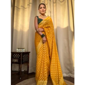 Women's Soft Litchi Silk Jacquard Work Saree With Unstitched Blouse 5.5Mtr (Yellow) - Image 4